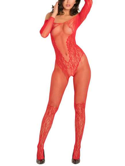 Bodystocking rouge effet body ouvert à l'entre-jambes et sur les fesses - REN7065-RED