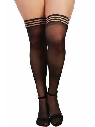 Bas fins grande taille nylon jarretières élastiques rayées - DG0321XBLK