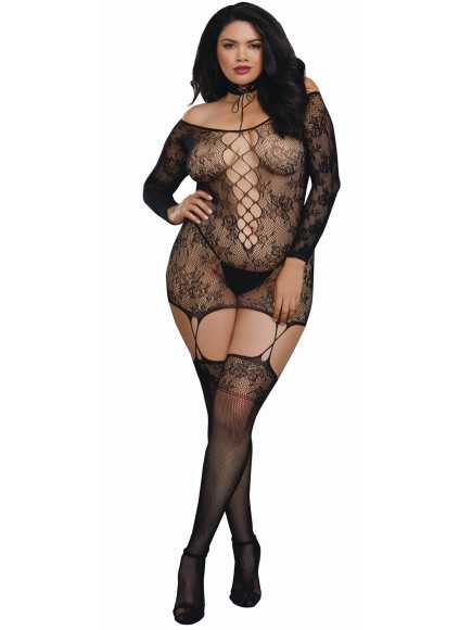 Bodystocking résille guêpière grande taille réversible avec tour de cou - DG0318XBLK
