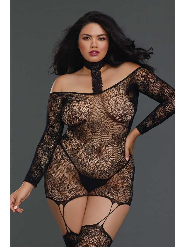 Bodystocking résille guêpière grande taille réversible avec tour de cou - DG0318XBLK