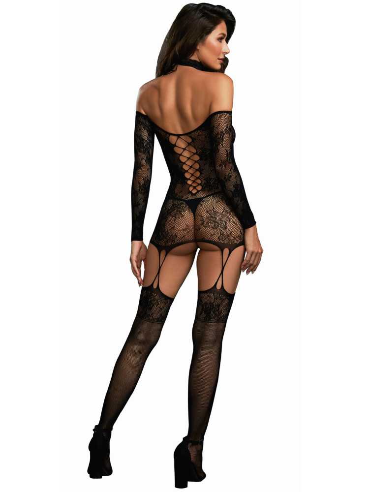Bodystocking résille guêpière réversible avec tour de cou - DG0318BLK