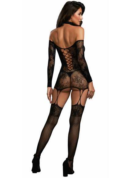 Bodystocking résille guêpière réversible avec tour de cou - DG0318BLK