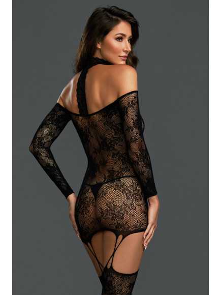 Bodystocking résille guêpière réversible avec tour de cou - DG0318BLK