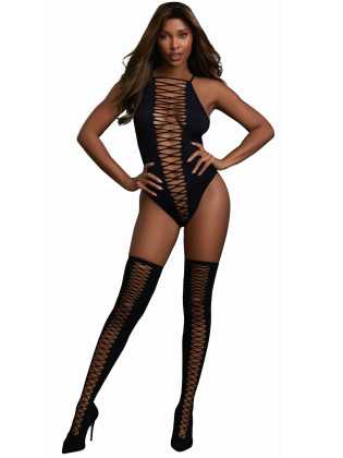 Body opaque avec croisillons et bas assortis - DG0313BLK