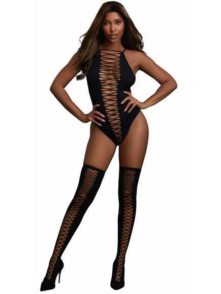 Body opaque avec croisillons et bas assortis - DG0313BLK
