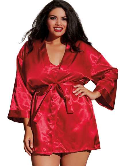 Nuisette grande taille rouge avec peignoir satinés - DG3717XRED