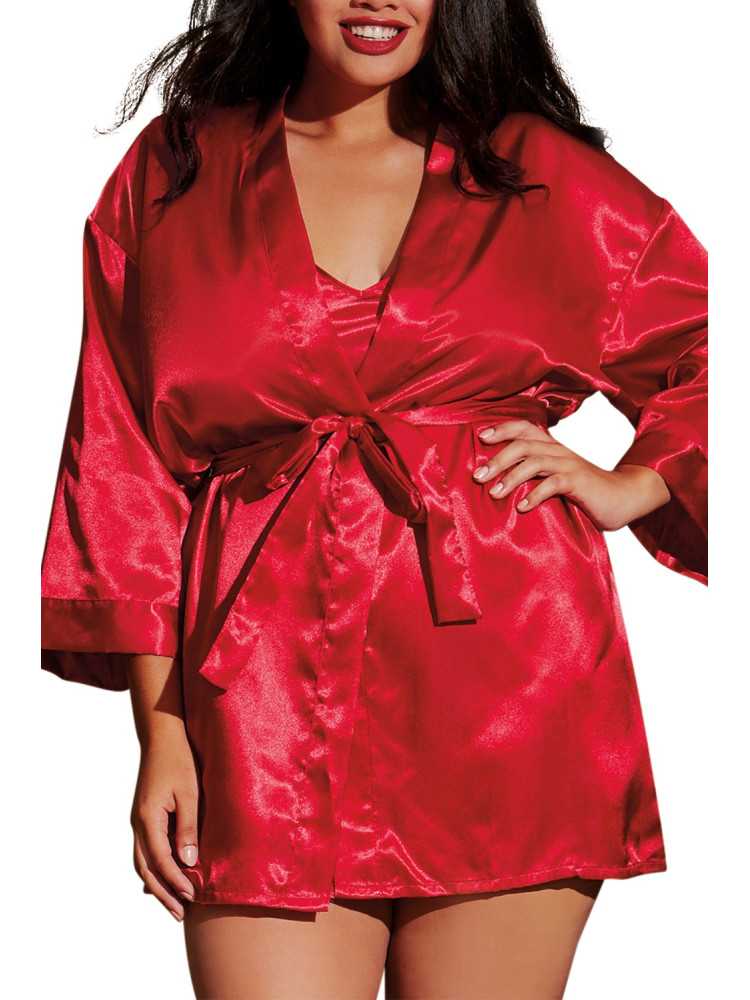 Nuisette grande taille rouge avec peignoir satinés - DG3717XRED