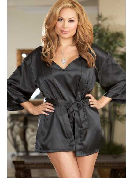 Nuisette grande taille noire avec peignoir satinés - DG3717XBLK