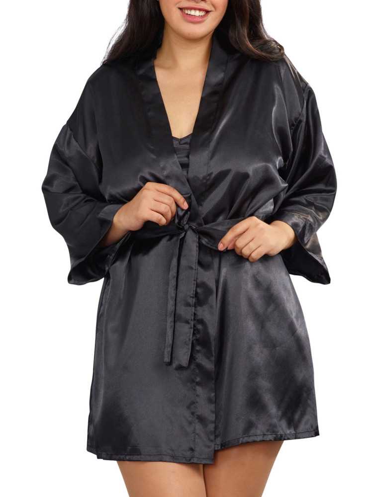 Nuisette grande taille noire avec peignoir satinés - DG3717XBLK