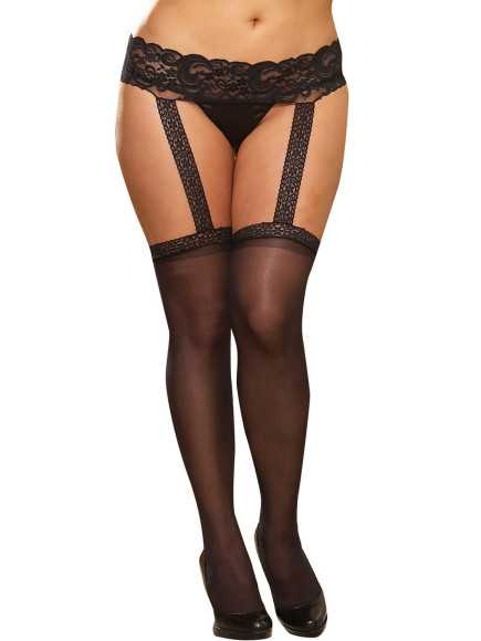 Bas fins noirs grande taille avec porte jarretelles dentelle intégré - DG0013XBLK