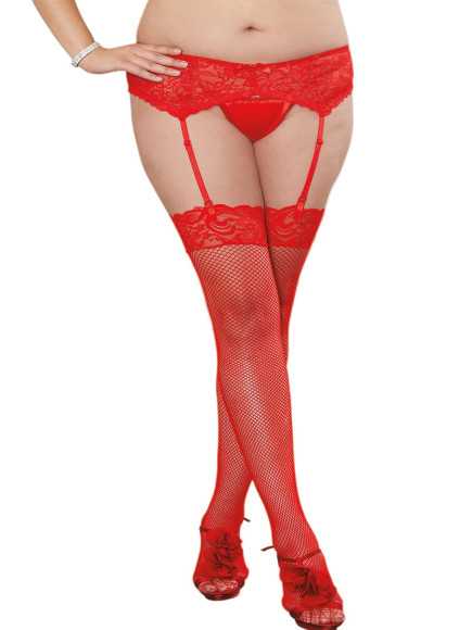 Bas résille rouges grande taille avec jarretières florales - DG0006XRED