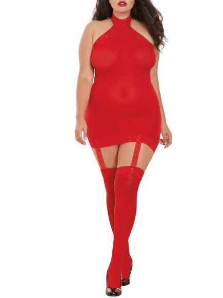 Bodystocking rouge grande taille effet guêpière avec dentelle - DG0035XRED
