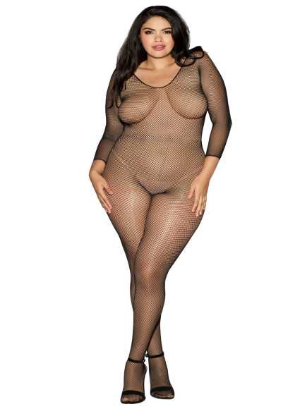 Bodystocking noir résille grande taille ouvert à l'entre-jambes - DG0015XBLK