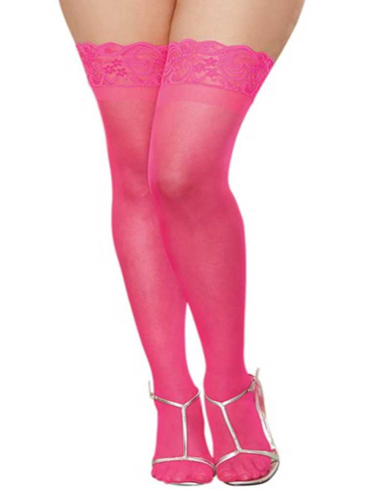 Bas roses grande taille nylon autofixants jarretières dentelle - DG0005NXPNK