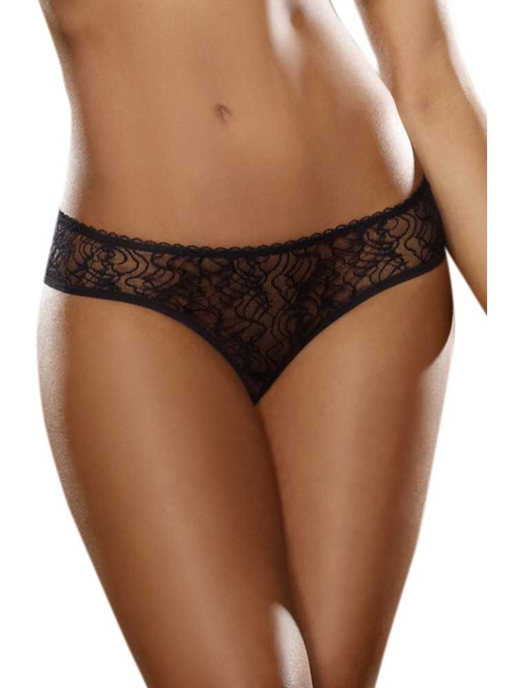 Tanga ouvert noir dentelle avec noeud sur les fesses - DG1300BLK