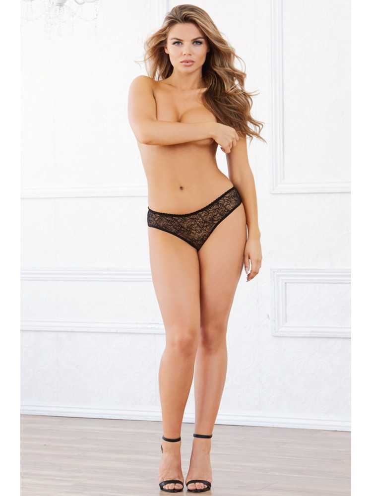 Tanga ouvert noir dentelle avec noeud sur les fesses - DG1300BLK