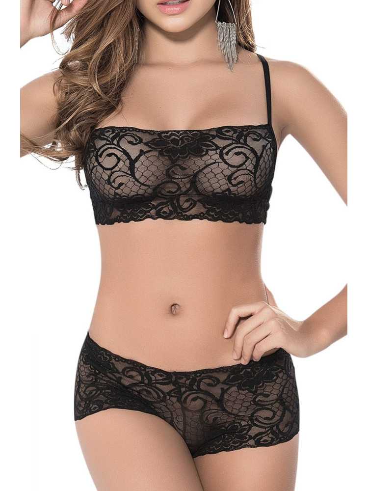 Ensemble lingerie noir top bustier et shorty dentelle - MAL206BLK