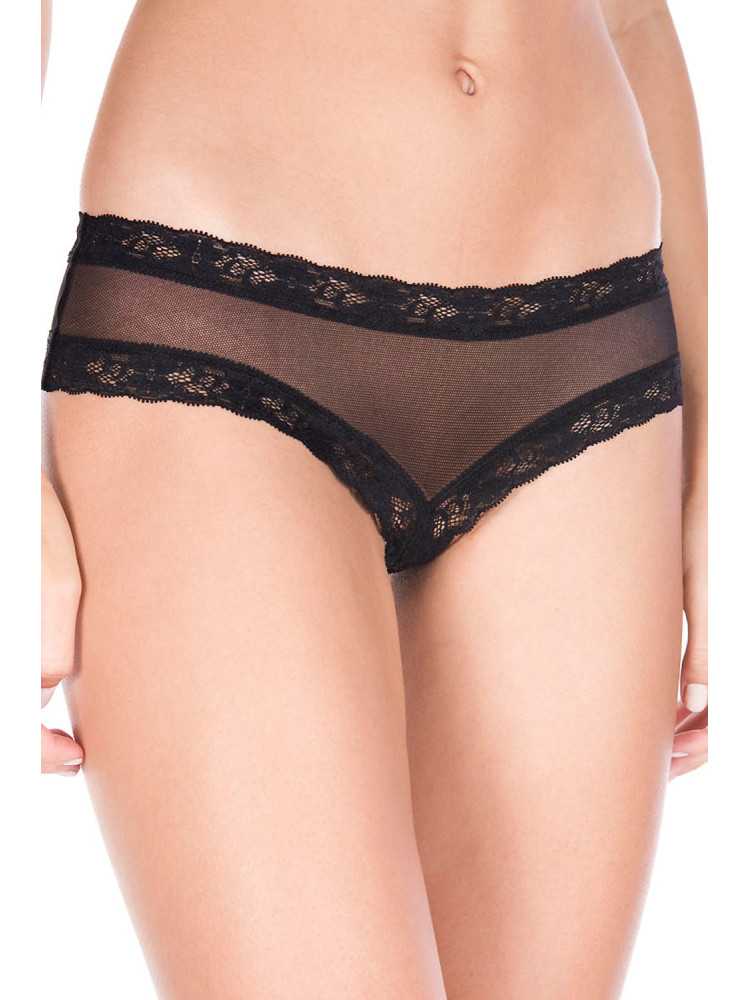 Tanga string ouvert noir maille transparente et dentelle - ML10007BLK