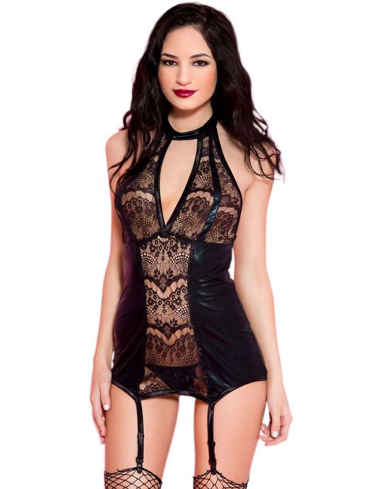 Guêpière sexy noire wetlook dentelle - ML20023BLK