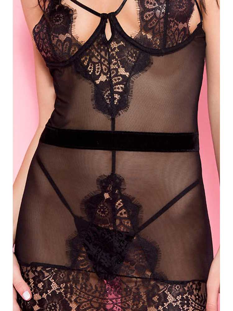 Nuisette noire tulle dentelle poitrine dénudée ornements - ML60081BLK