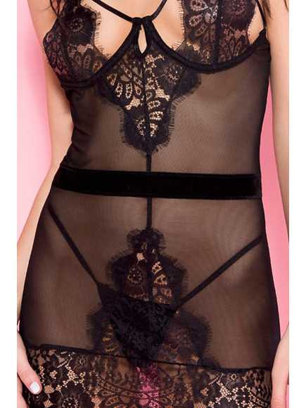Nuisette noire tulle dentelle poitrine dénudée ornements - ML60081BLK